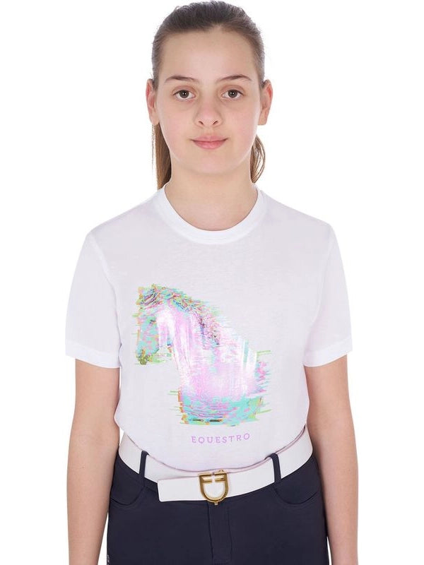 T-shirt bambina slim fit stampa cavallo interferenza
