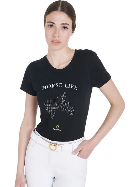 T-shirt donna slim fit horse life con strass