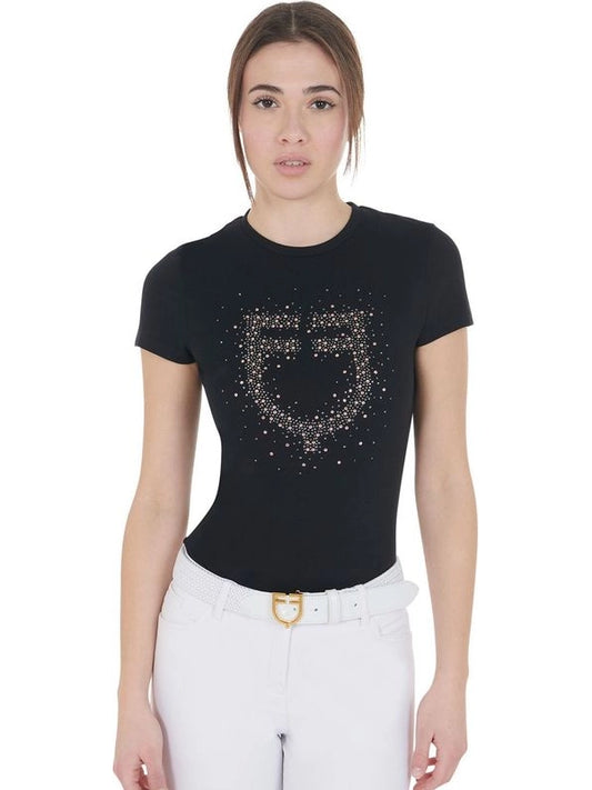 T-shirt donna slim fit logo strass rosa