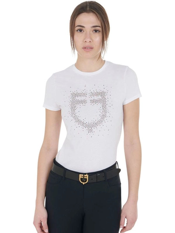 T-shirt donna slim fit logo strass rosa