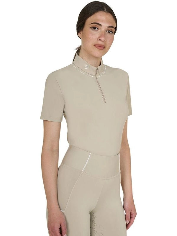 Polo training donna slim fit con zip e perline sul colletto
