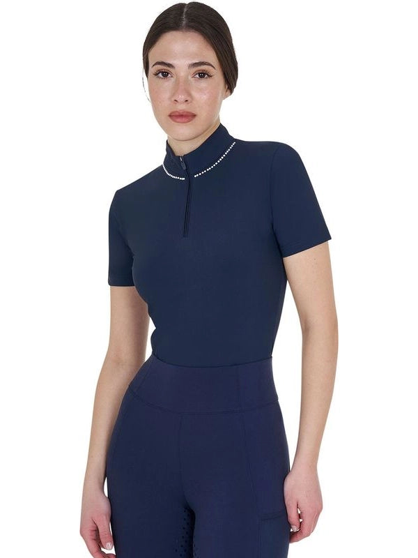 Polo training donna slim fit con zip e perline sul colletto