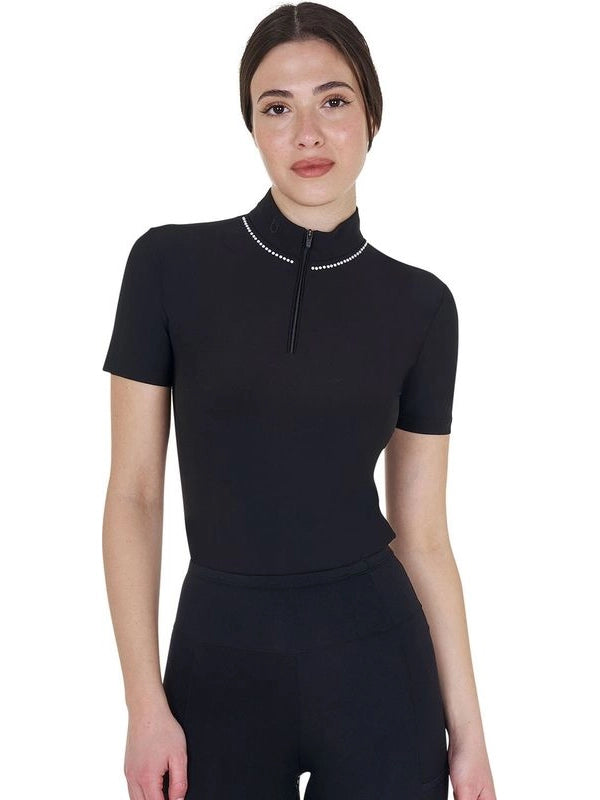 Polo training donna slim fit con zip e perline sul colletto