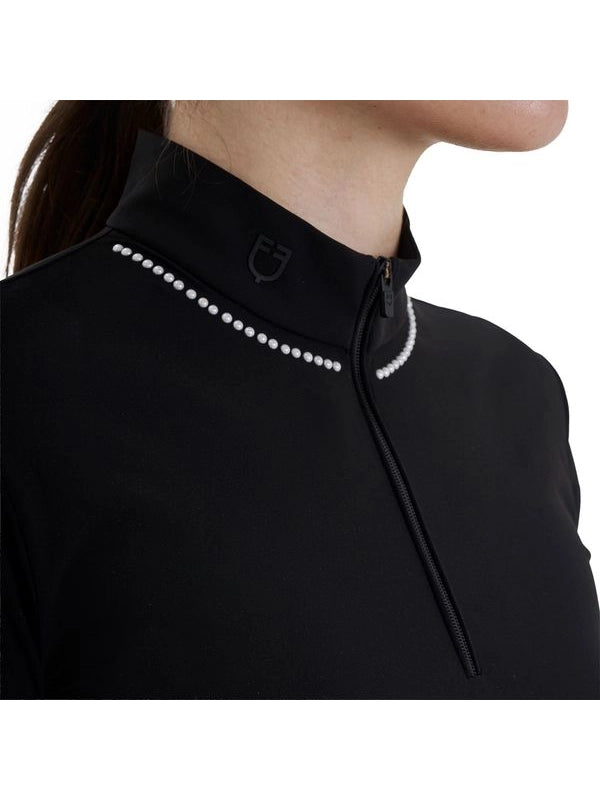 Polo training donna slim fit con zip e perline sul colletto