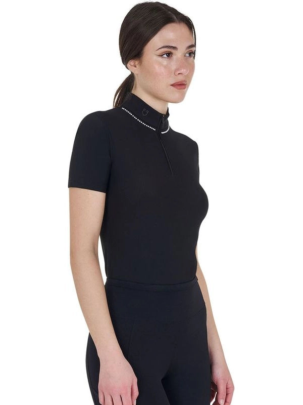 Polo training donna slim fit con zip e perline sul colletto
