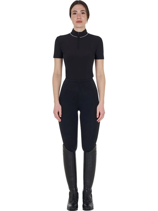 Polo training donna slim fit con zip e perline sul colletto
