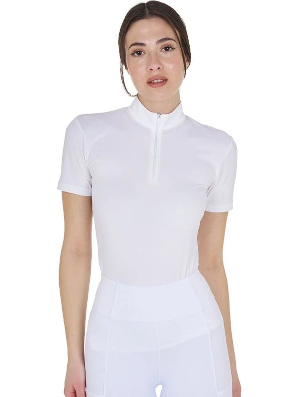 Polo training donna slim fit con zip e perline sul colletto