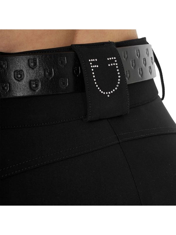 Pantaloni donna a vita alta logo in strass