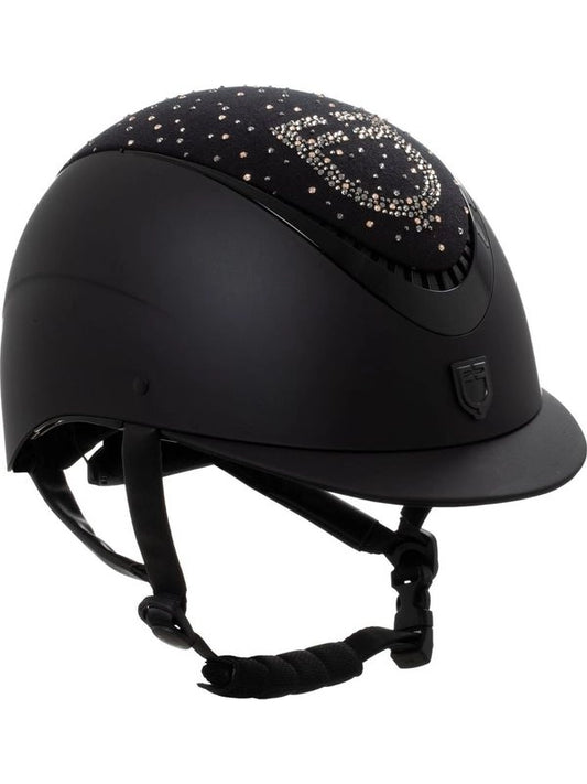 Cap opaco visiera stretta con logo in strass omologazione EN 1384-2023