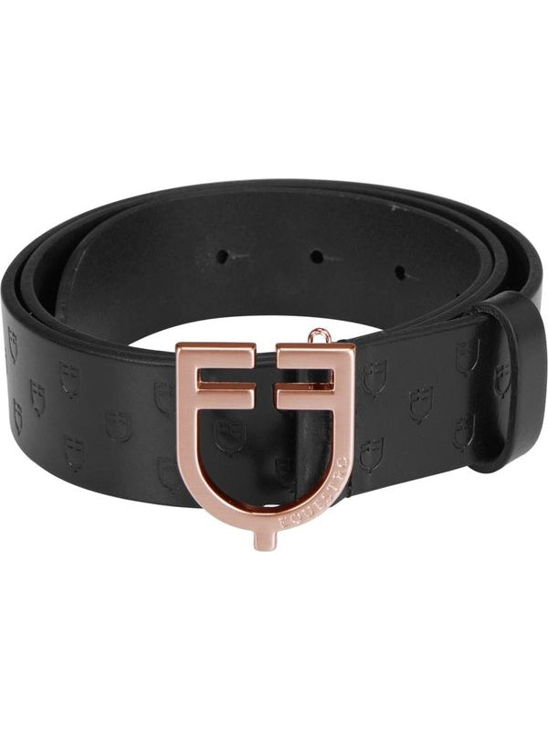 Cintura in cuoio logato black e fibbia rosegold