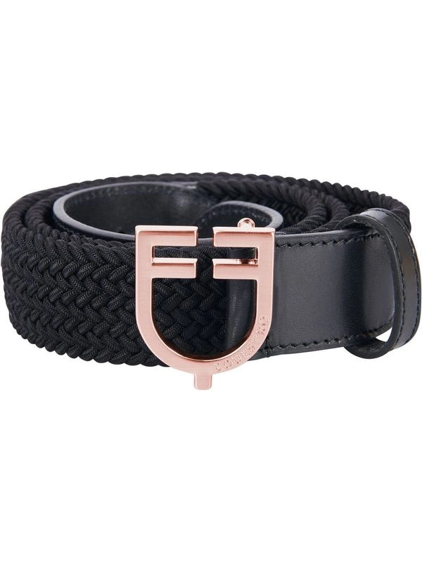 Cintura in cuoio con elastico e logo rosegold a fibbia